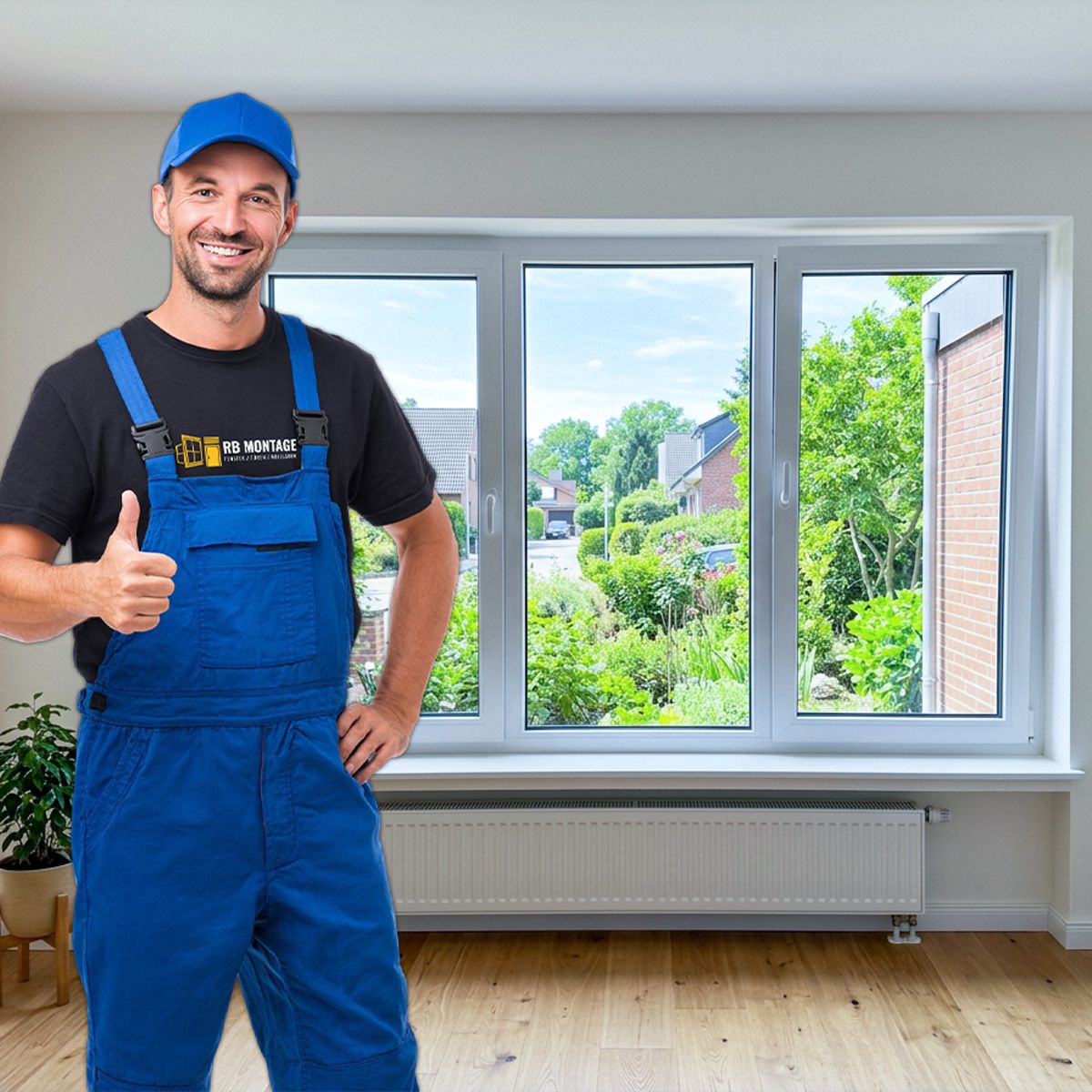 Monteur von RB Montage | Fenster & Türenmontage baut ein neues weißes Kunststofffenster mit Dreifachverglasung in einem Einfamilienhaus ein, im Hintergrund sieht man den Garten durch die geöffnete Fensteröffnung Monteur von RB Montage | Fenster & Türenmontage baut ein neues weißes Kunststofffenster mit Dreifachverglasung in einem Einfamilienhaus ein, im Hintergrund sieht man den Garten durch die geöffnete Fensteröffnung