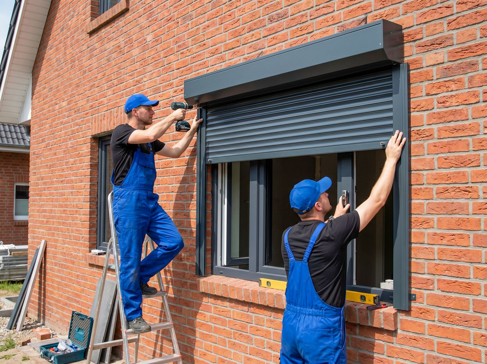 Monteur auf Leiter montiert neuen Vorbau-Rollladenkasten mit Akkuschrauber an einer Klinker-Hausfassade Monteur auf Leiter montiert neuen Vorbau-Rollladenkasten mit Akkuschrauber an einer Klinker-Hausfassade